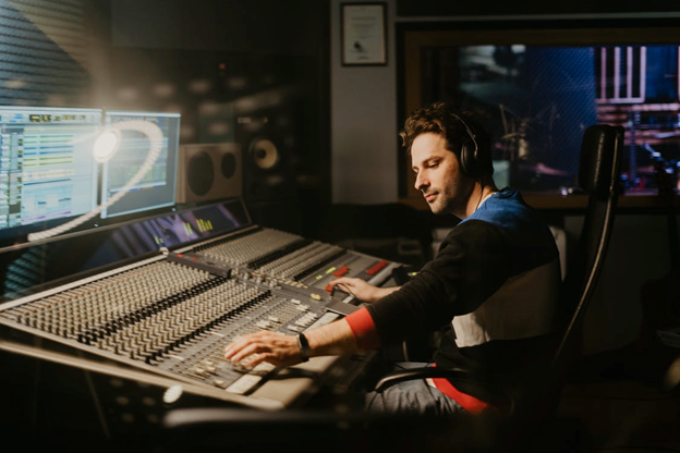 : an expert editing audio at a recording studio