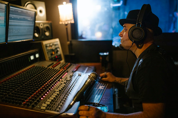 an audio engineer at work in a recording studio